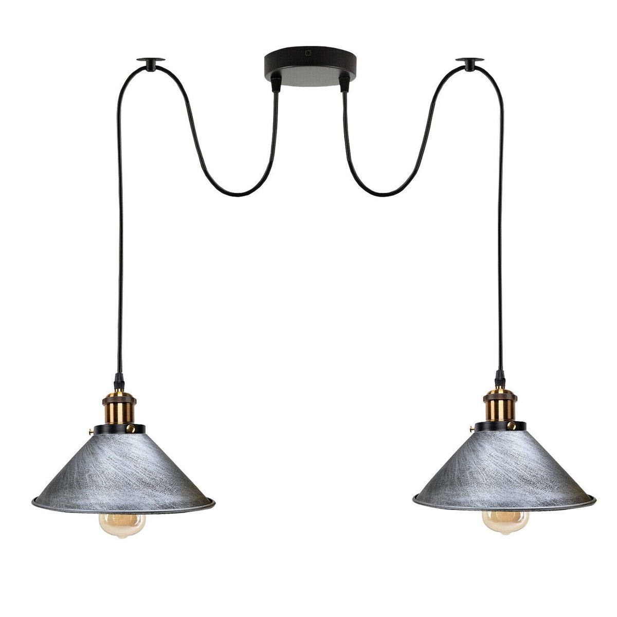 2-Light Swag Pendant Light – Adjustable Drops, Metal Shades - Yellow Brass, Flat Cone 22 cm Brushed Silver 120 mm Rose Hook Shade Ring, Without Bulb