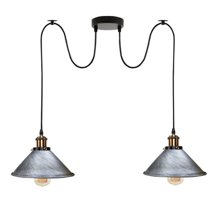 2-Light Swag Pendant Light – Adjustable Drops, Metal Shades - Yellow Brass, Flat Cone 22 cm Brushed Silver 120 mm Rose Hook Shade Ring, Without Bulb