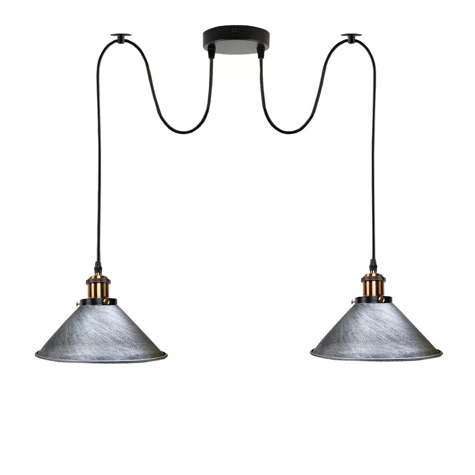 2-Light Swag Pendant Light – Adjustable Drops, Metal Shades - Yellow Brass, Flat Cone 22 cm Brushed Silver 120 mm Rose Shade Ring Hook, Without Bulb