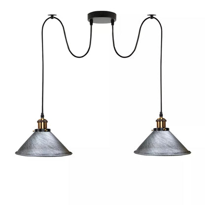 2-Light Swag Pendant Light – Adjustable Drops, Metal Shades - Yellow Brass, Flat Cone 22 cm Brushed Silver 120 mm Rose Shade Ring Hook, Without Bulb