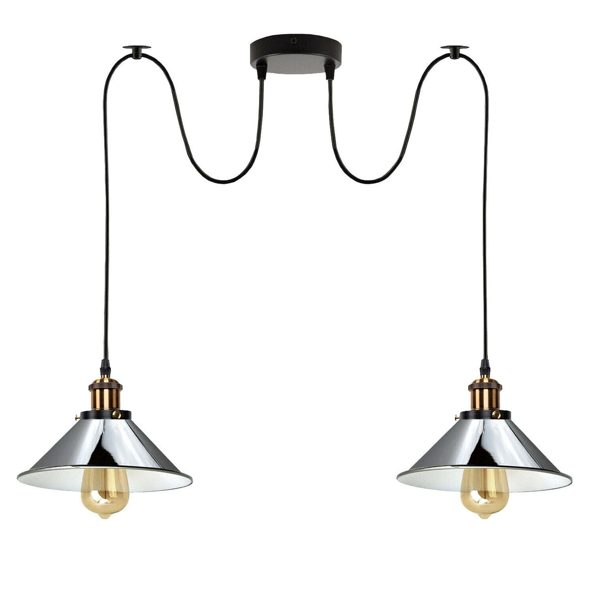 2-Light Swag Pendant Light – Adjustable Drops, Metal Shades - Yellow Brass, Flat Cone 22 cm Chrome 120 mm Rose Hook Shade Ring, Without Bulb