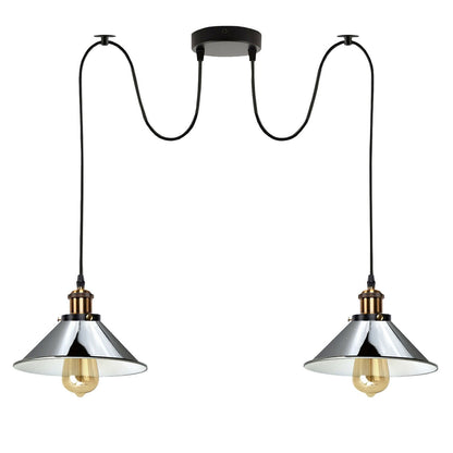 2-Light Swag Pendant Light – Adjustable Drops, Metal Shades - Yellow Brass, Flat Cone 22 cm Chrome 120 mm Rose Hook Shade Ring, Without Bulb
