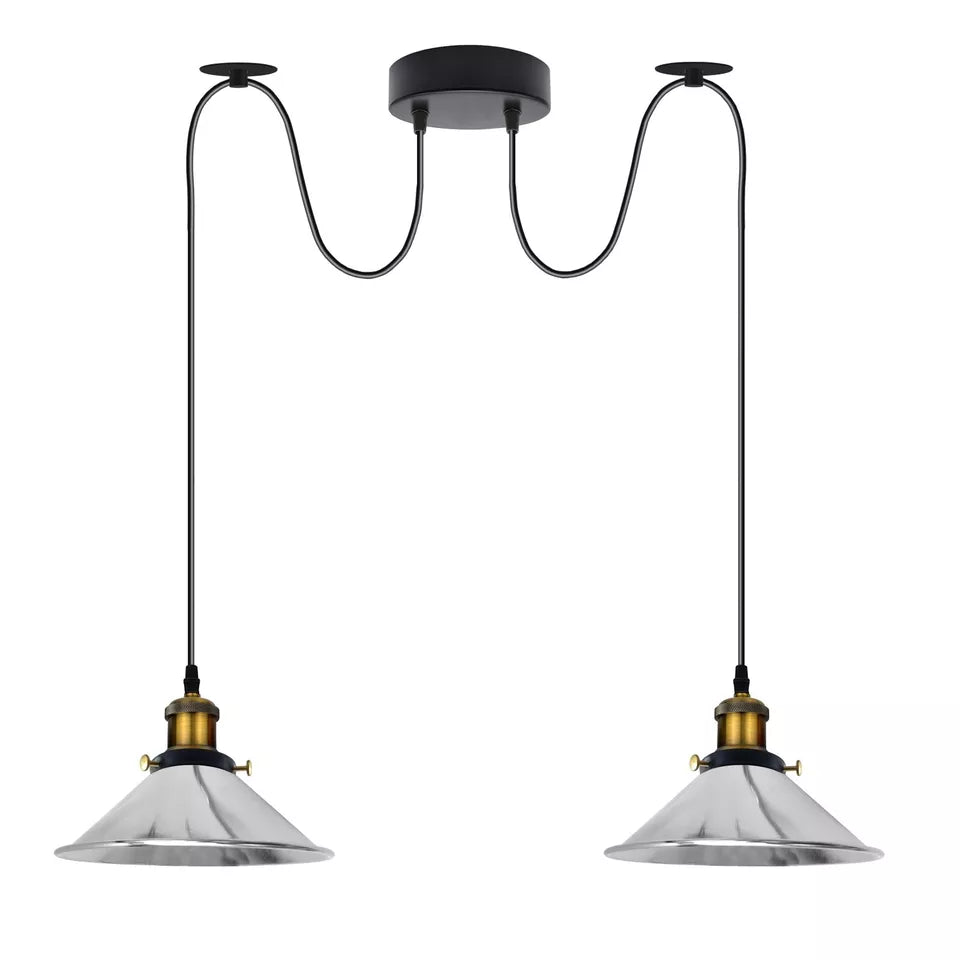 2-Light Swag Pendant Light – Adjustable Drops, Metal Shades - Yellow Brass, Flat Cone 22 cm Chrome 120 mm Rose Shade Ring Hook, Without Bulb