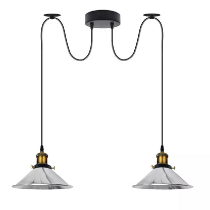 2-Light Swag Pendant Light – Adjustable Drops, Metal Shades - Yellow Brass, Flat Cone 22 cm Chrome 120 mm Rose Shade Ring Hook, Without Bulb