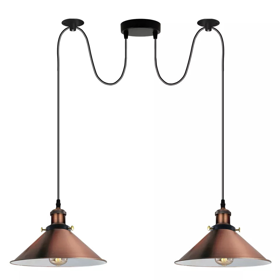2-Light Swag Pendant – Flat Cone or Pulley Dome Shades, E27 - Yellow Brass, Flat Cone 22 cm Copper, Without Bulb