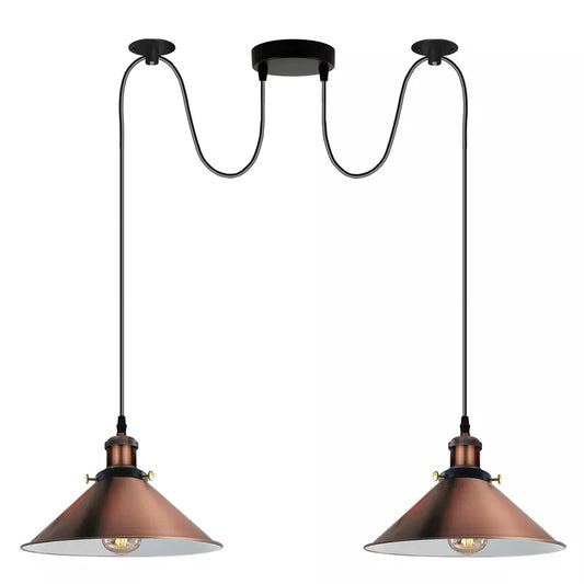 2-Light Swag Pendant – Flat Cone or Pulley Dome Shades, E27 - Yellow Brass, Flat Cone 22 cm Copper, Without Bulb