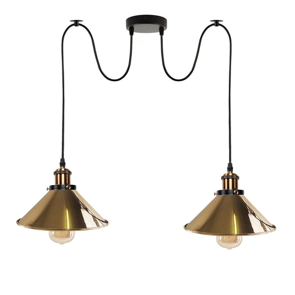 2-Light Swag Pendant Light – Adjustable Drops, Metal Shades - Yellow Brass, Flat Cone 22 cm French Gold, Without Bulb