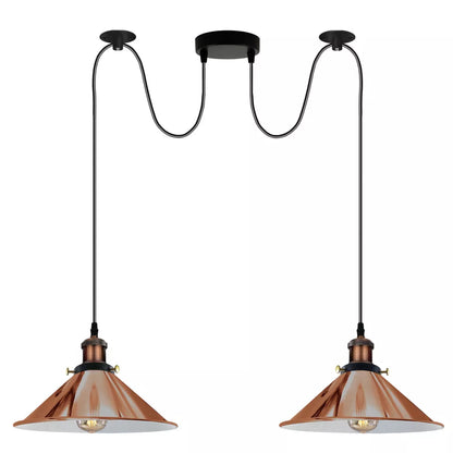 2-Light Swag Pendant – Flat Cone or Pulley Dome Shades, E27 - Yellow Brass, Flat Cone 22 cm French Gold, Without Bulb