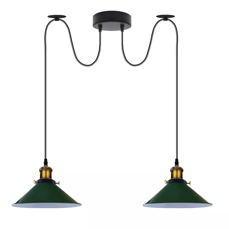 2-Light Swag Pendant Light – Adjustable Drops, Metal Shades - Yellow Brass, Flat Cone 22 cm Green 120 mm Rose Shade Ring Hook, Without Bulb