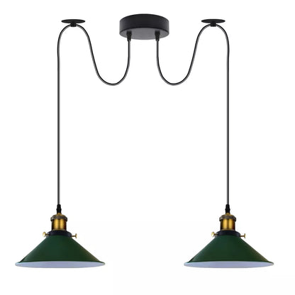 2-Light Swag Pendant Light – Adjustable Drops, Metal Shades - Yellow Brass, Flat Cone 22 cm Green 120 mm Rose Shade Ring Hook, Without Bulb