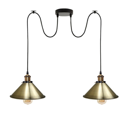 2-Light Swag Pendant Light – Adjustable Drops, Metal Shades - Yellow Brass, Flat Cone 22 cm Green Brass 120 mm Rose Hook Shade Ring, Without Bulb