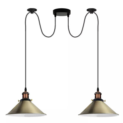 2-Light Swag Pendant Light – Adjustable Drops, Metal Shades - Yellow Brass, Flat Cone 22 cm Green Brass 120 mm Rose Shade Ring Hook, Without Bulb