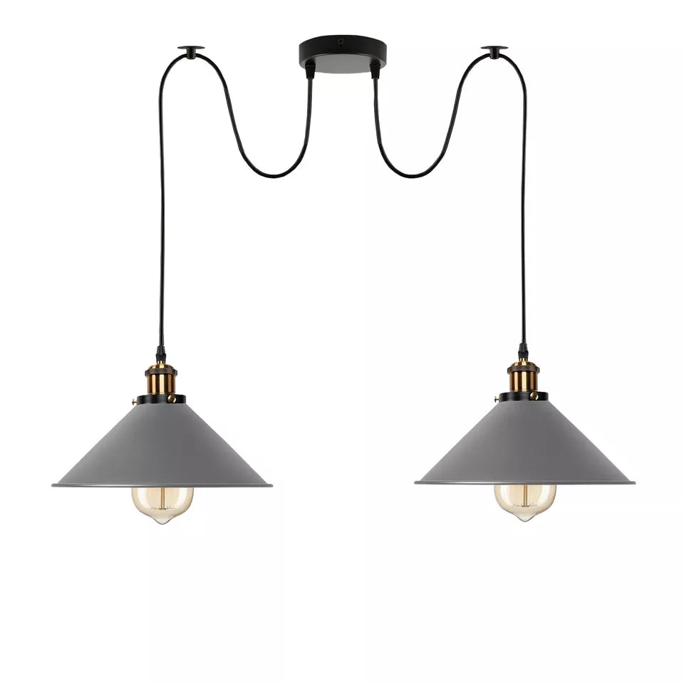 2-Light Swag Pendant Light – Adjustable Drops, Metal Shades - Yellow Brass, Flat Cone 22 cm Grey 120 mm Rose Shade Ring Hook, Grey Shade FT220, Without Bulb