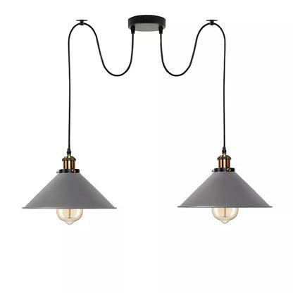 2-Light Swag Pendant Light – Adjustable Drops, Metal Shades - Yellow Brass, Flat Cone 22 cm Grey 120 mm Rose Shade Ring Hook, Grey Shade FT220, Without Bulb