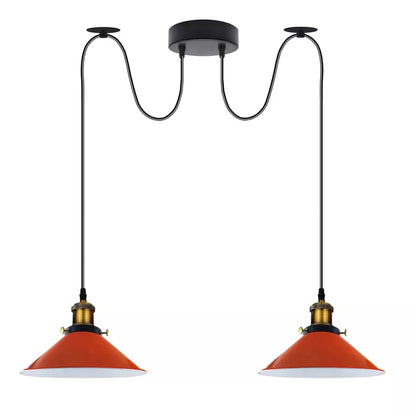2-Light Swag Pendant Light – Adjustable Drops, Metal Shades - Yellow Brass, Flat Cone 22 cm Orange 120 mm Rose Shade Ring Hook, Without Bulb