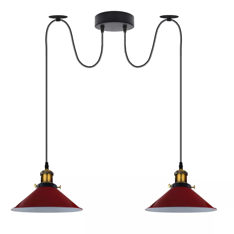 2-Light Swag Pendant Light – Adjustable Drops, Metal Shades - Yellow Brass, Flat Cone 22 cm Red 120 mm Rose Shade Ring Hook, Without Bulb