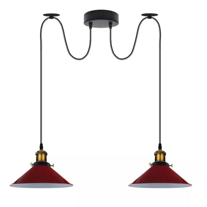 2-Light Swag Pendant Light – Adjustable Drops, Metal Shades - Yellow Brass, Flat Cone 22 cm Red 120 mm Rose Shade Ring Hook, Without Bulb