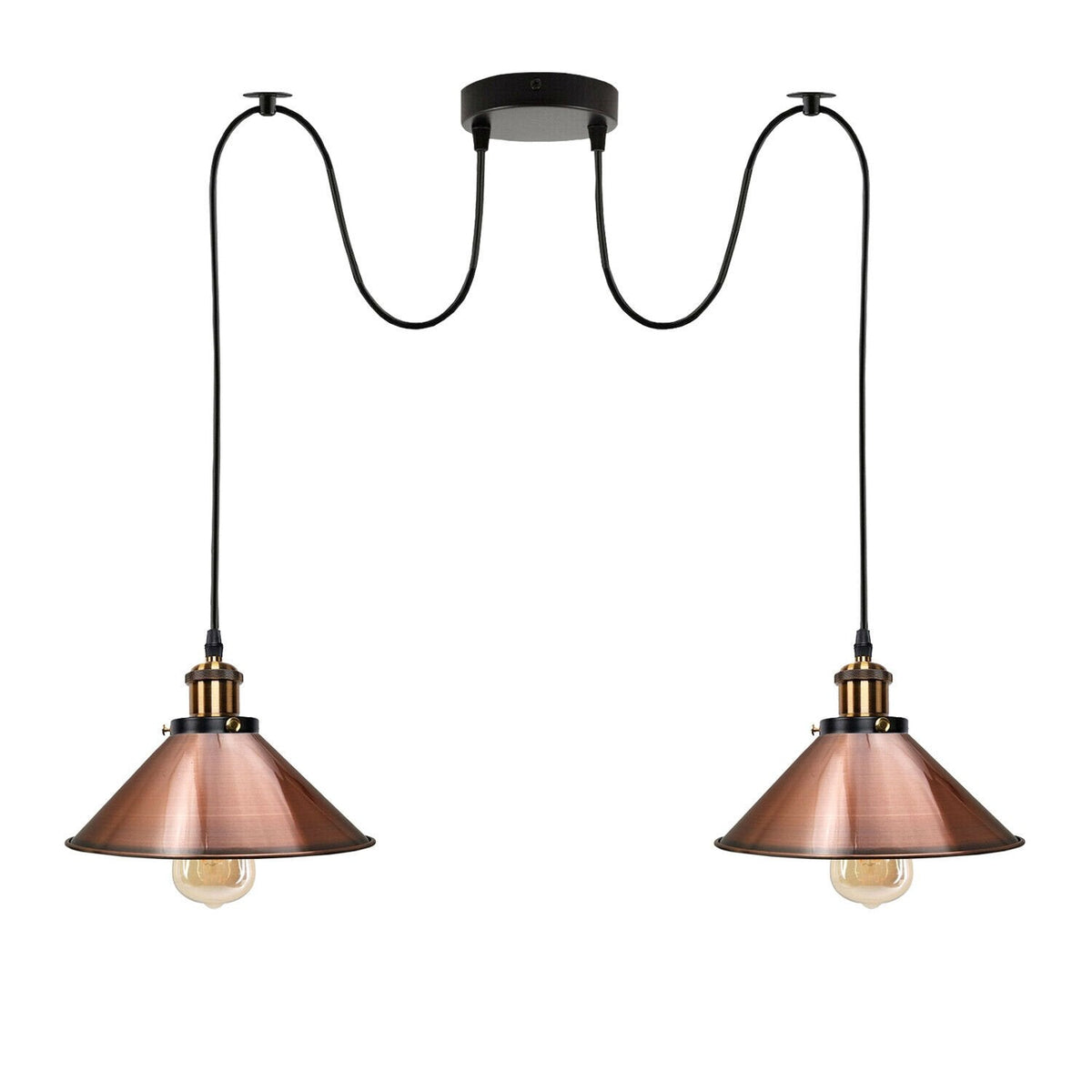 2-Light Swag Pendant Light – Adjustable Drops, Metal Shades - Yellow Brass, Flat Cone 22 cm Rose Gold 120 mm Rose Hook Shade Ring, Without Bulb