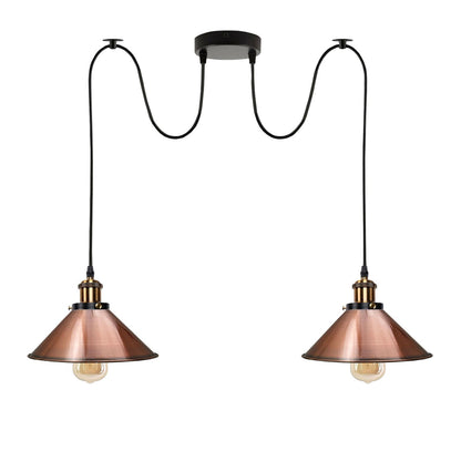 2-Light Swag Pendant Light – Adjustable Drops, Metal Shades - Yellow Brass, Flat Cone 22 cm Rose Gold 120 mm Rose Hook Shade Ring, Without Bulb
