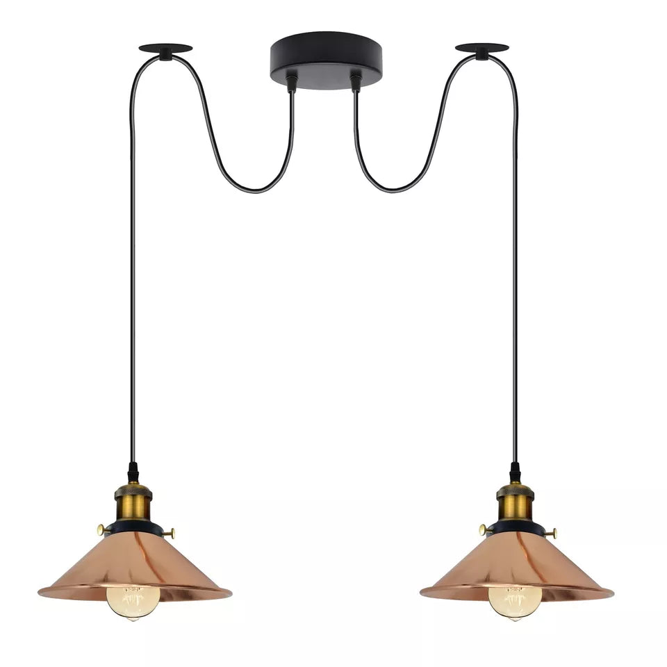 2-Light Swag Pendant Light – Adjustable Drops, Metal Shades - Yellow Brass, Flat Cone 22 cm Rose Gold 120 mm Rose Shade Ring Hook, Without Bulb