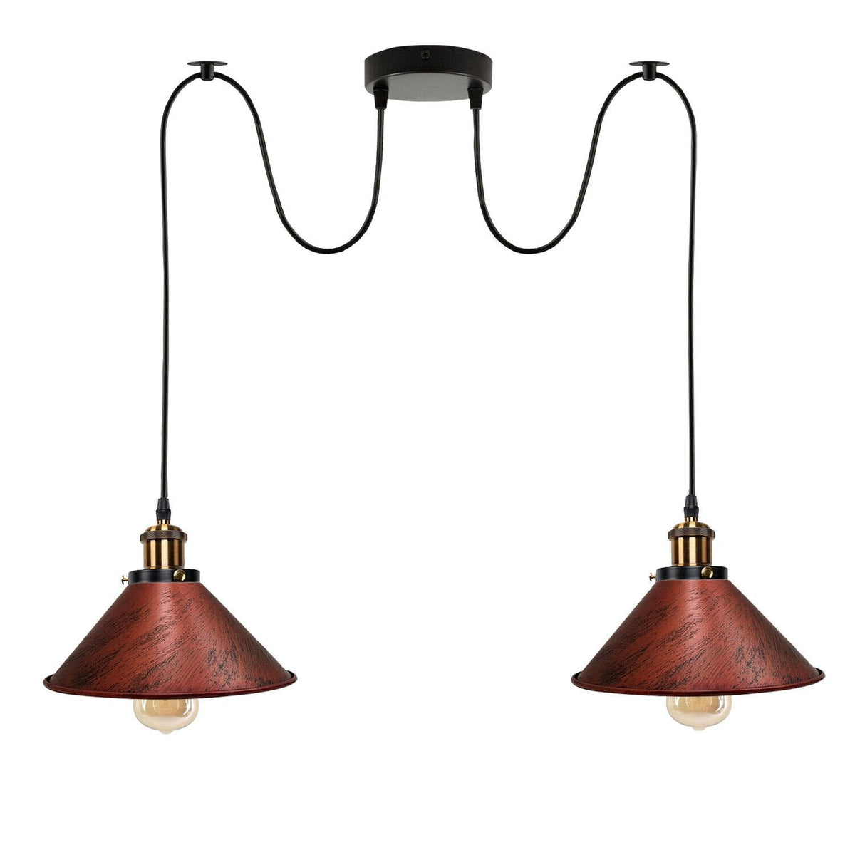 2-Light Swag Pendant Light – Adjustable Drops, Metal Shades - Yellow Brass, Flat Cone 22 cm Rustic Red 120 mm Rose Hook Shade Ring, Without Bulb