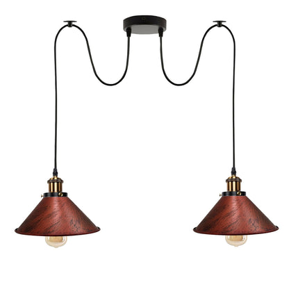 2-Light Swag Pendant Light – Adjustable Drops, Metal Shades - Yellow Brass, Flat Cone 22 cm Rustic Red 120 mm Rose Hook Shade Ring, Without Bulb