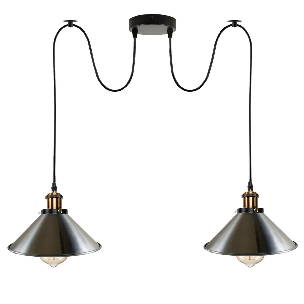 2-Light Swag Pendant Light – Adjustable Drops, Metal Shades - Yellow Brass, Flat Cone 22 cm Satin Nickel 120 mm Rose Hook Shade Ring, Without Bulb