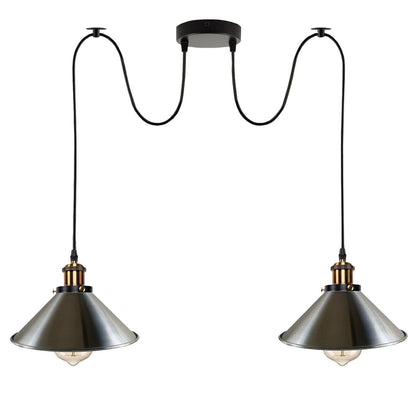 2-Light Swag Pendant Light – Adjustable Drops, Metal Shades - Yellow Brass, Flat Cone 22 cm Satin Nickel 120 mm Rose Hook Shade Ring, Without Bulb