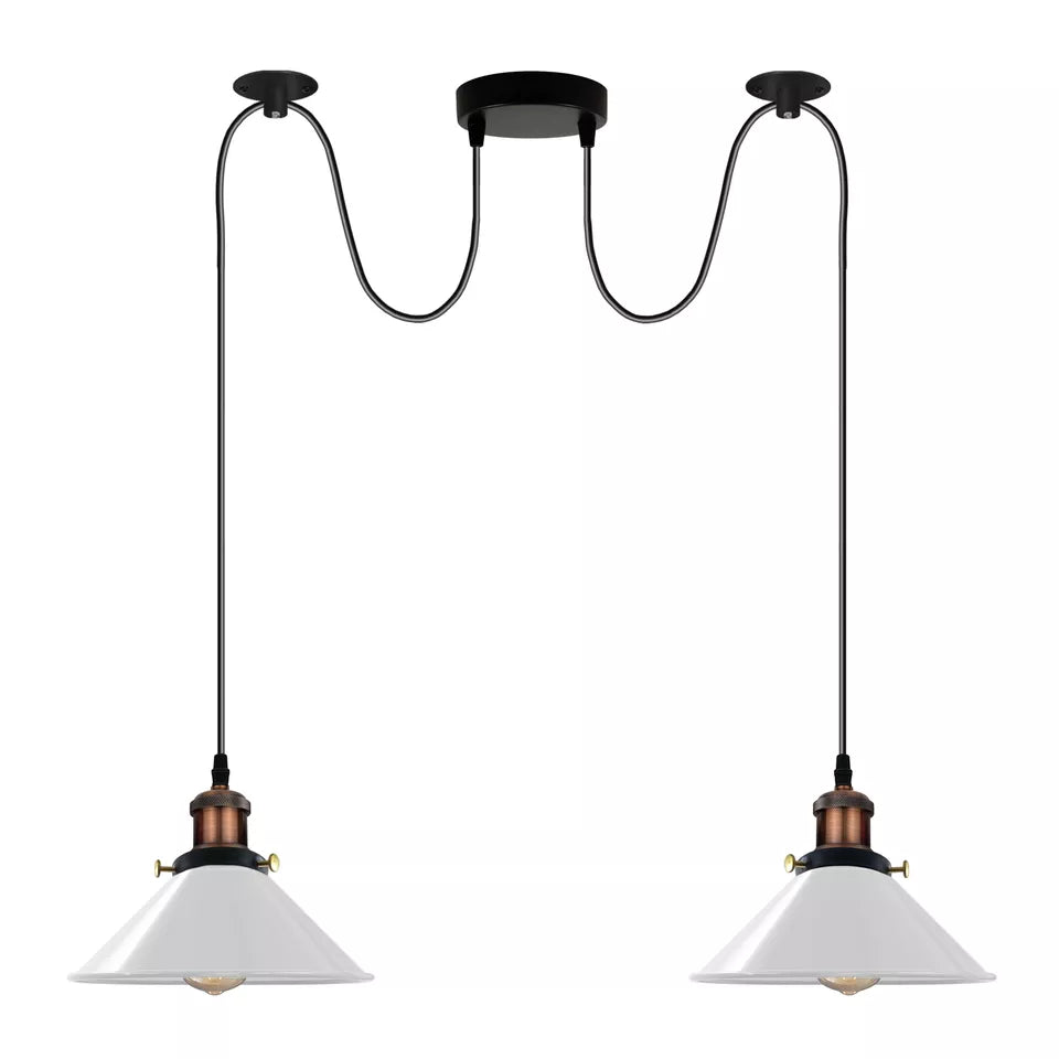 2-Light Swag Pendant Light – Adjustable Drops, Metal Shades - Yellow Brass, Flat Cone 22 cm White 120 mm Rose Shade Ring Hook, Without Bulb