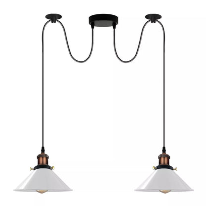 2-Light Swag Pendant Light – Adjustable Drops, Metal Shades - Yellow Brass, Flat Cone 22 cm White 120 mm Rose Shade Ring Hook, Without Bulb