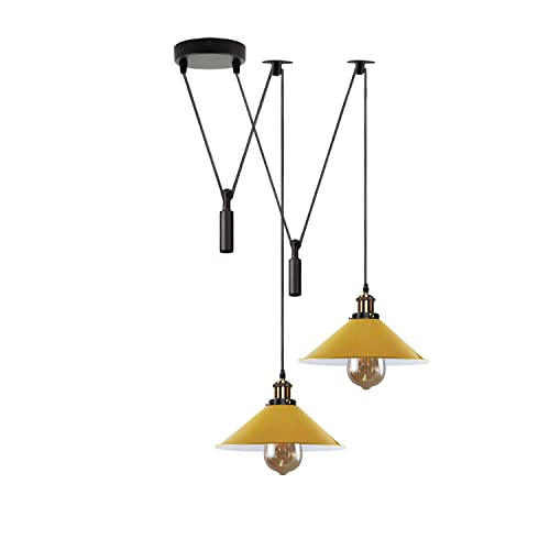 2-Light Swag Pendant Light – Adjustable Drops, Metal Shades - Yellow Brass, Flat Cone 22 cm Yellow 120 mm Rose Hook Shade Ring, Without Bulb