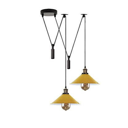 2-Light Swag Pendant Light – Adjustable Drops, Metal Shades - Yellow Brass, Flat Cone 22 cm Yellow 120 mm Rose Hook Shade Ring, Without Bulb