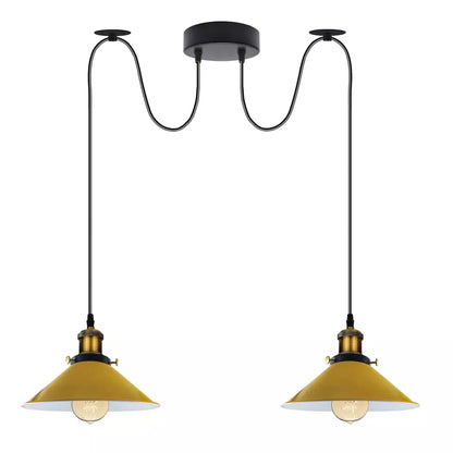2-Light Swag Pendant Light – Adjustable Drops, Metal Shades - Yellow Brass, Flat Cone 22 cm Yellow 120 mm Rose Shade Ring Hook, Without Bulb