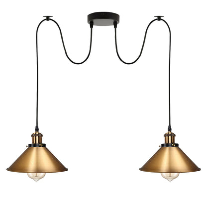 2-Light Swag Pendant Light – Adjustable Drops, Metal Shades - Yellow Brass, Flat Cone 22 cm Yellow Brass, Without Bulb