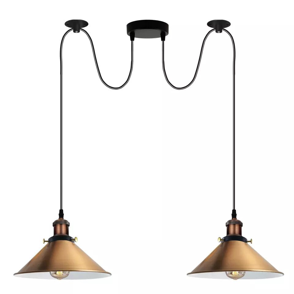 2-Light Swag Pendant – Flat Cone or Pulley Dome Shades, E27 - Yellow Brass, Flat Cone 22 cm Yellow Brass, Without Bulb
