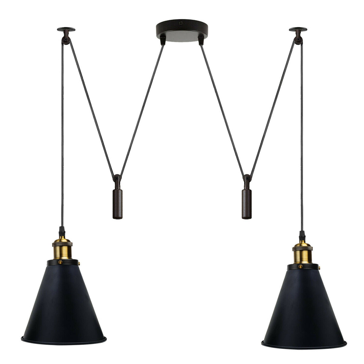 2-Light Swag Pendant Light – Adjustable Drops, Metal Shades - Yellow Brass, Long Cone 18 cm Black, Without Bulb