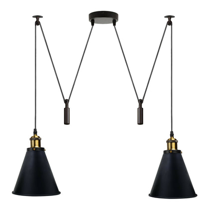 2-Light Swag Pendant Light – Adjustable Drops, Metal Shades - Yellow Brass, Long Cone 18 cm Black, Without Bulb