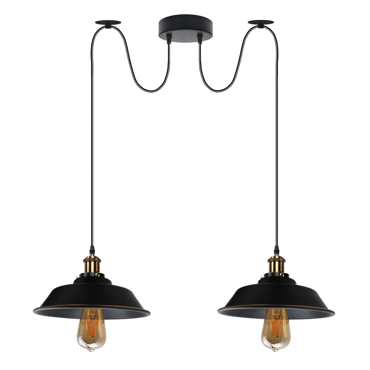 2-Light Swag Pendant Light – Adjustable Drops, Metal Shades - Yellow Brass, Vintage Dome 22 cm Black & Gold Line, Without Bulb