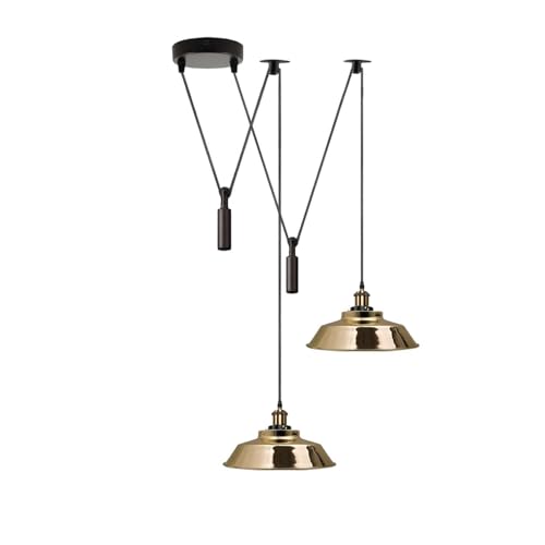 2-Light Swag Pendant Light – Adjustable Drops, Metal Shades - Yellow Brass, Vintage Dome 22 cm French Gold, Without Bulb