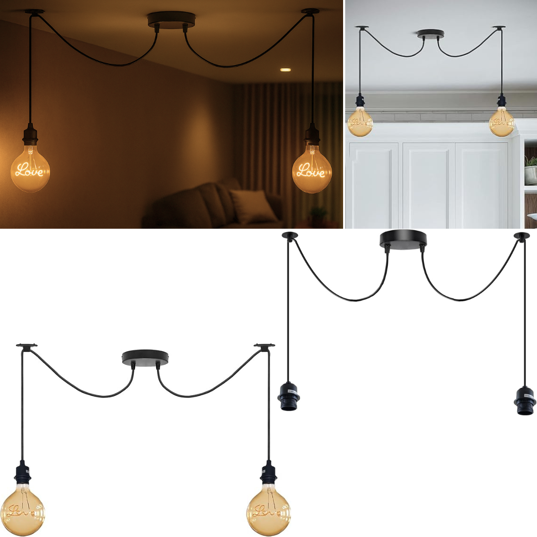 2-Light Spider Pendant – Black E27 Holders, 2 m Cables, Ceiling Hooks - photo 4