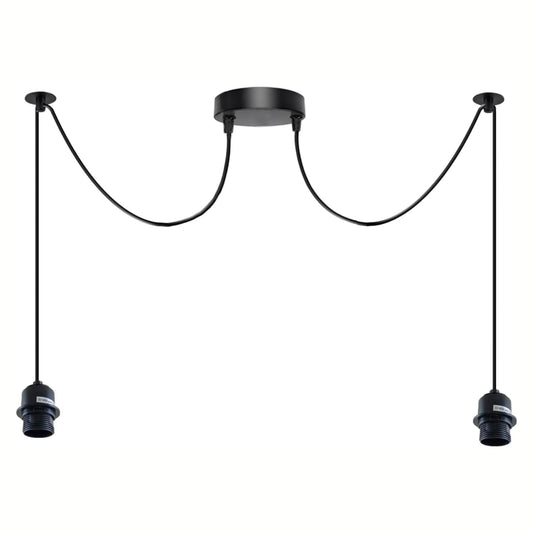2-Light Spider Pendant – Black E27 Holders, 2 m Cables, Ceiling Hooks - Black, No Shade, Without Bulb