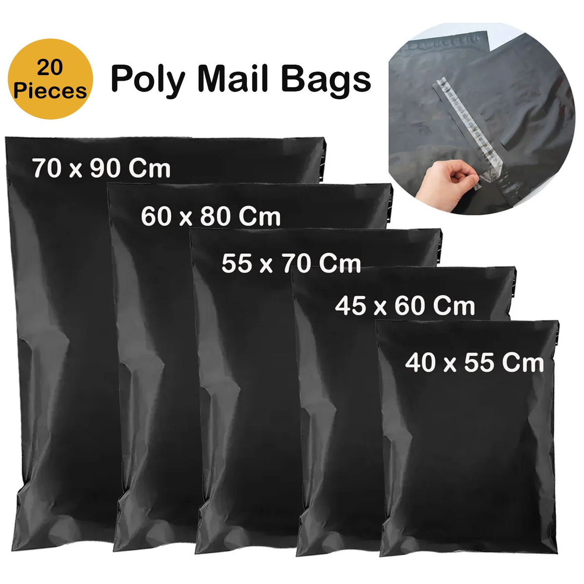 Large Black Mailing Bags – Pack of 20, 5 Sizes from 40 x 55 to 70 x 90 cm