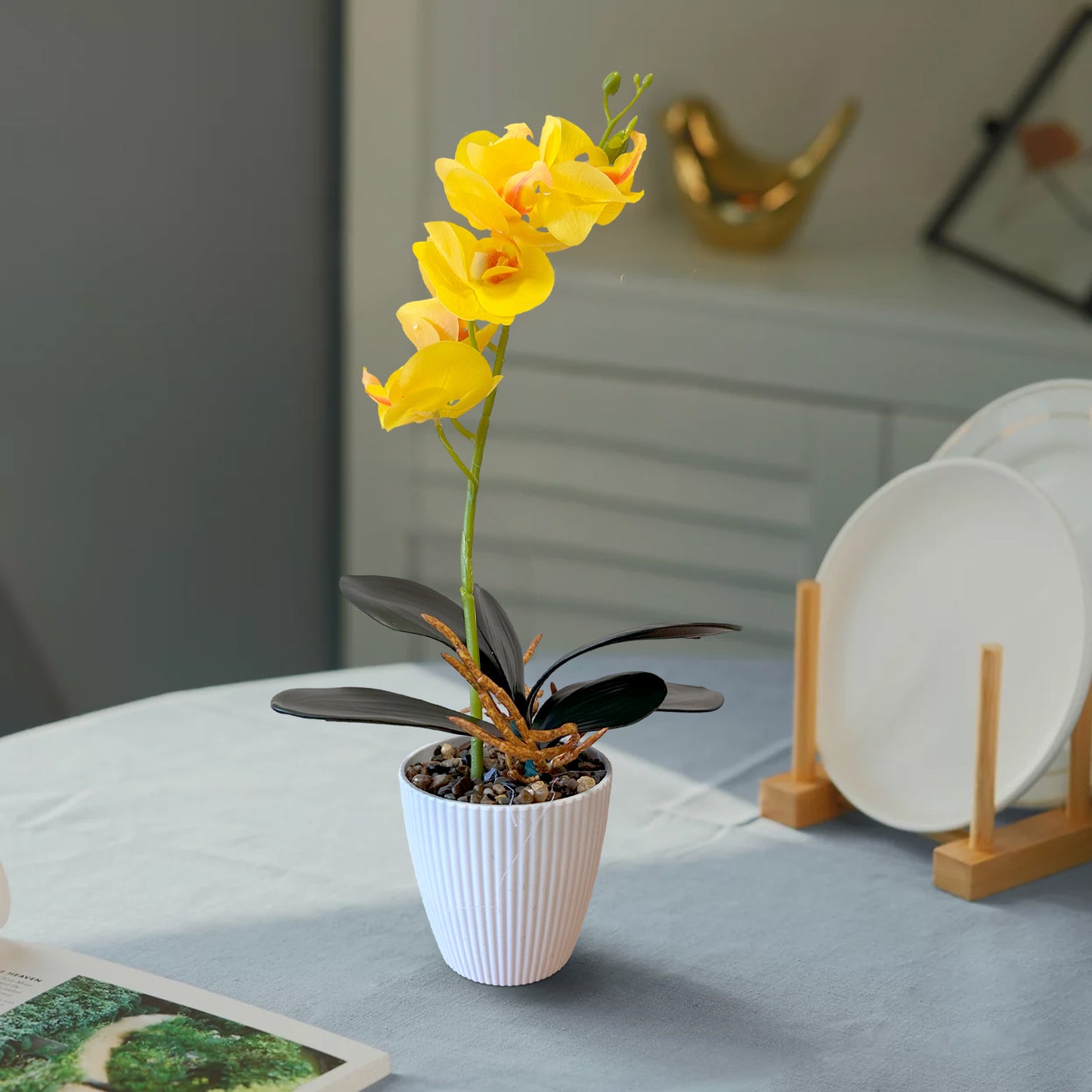 Artificial Orchid with Leaf Potted Plant for Table Decoration ~1233