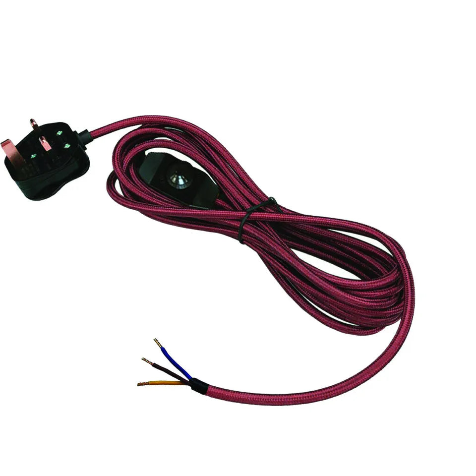 Plug-In Fabric Cable Pendant Kit with Dimmer – 4 m, Optional Metal Holder - Burgundy, No Holder (bare wire ends), Without Bulb