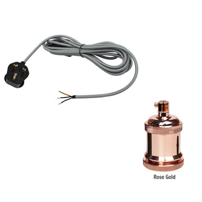 Plug-In Fabric Cable Pendant Kit with Dimmer – 4 m, Optional Metal Holder - Grey, Rose Gold Metal Holder, Without Bulb