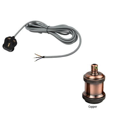 Plug-In Fabric Cable Pendant Kit with Dimmer – 4 m, Optional Metal Holder - Grey, Copper Metal Holder, Without Bulb