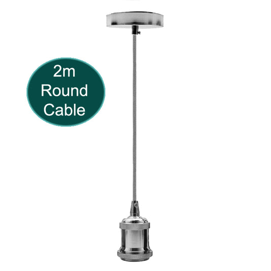 Pendant Light Fitting with 2 m Round Cable – Chrome or White, E27 - Chrome, No Shade, Without Bulb