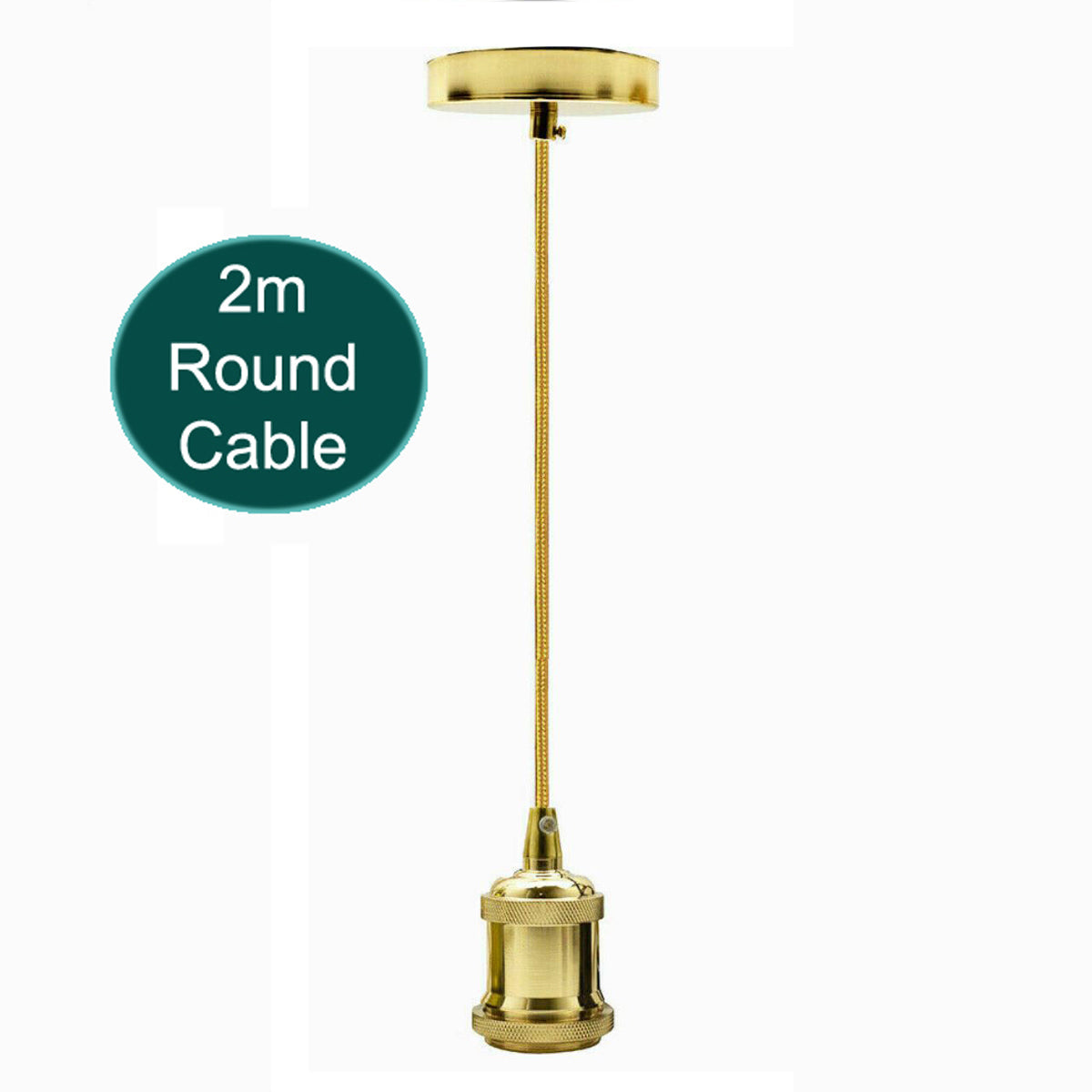 2 m Pendant Light Fitting – E27, Round Cable, Gold or Brass - French Gold, No Shade, Without Bulb