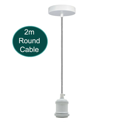 Pendant Light Fitting with 2 m Round Cable – Chrome or White, E27 - White, No Shade, Without Bulb