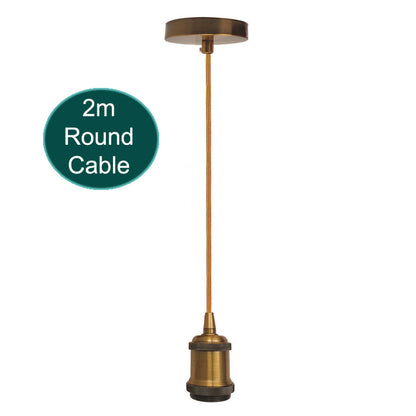 2 m Pendant Light Fitting – E27, Round Cable, Gold or Brass - Yellow Brass, No Shade, Without Bulb